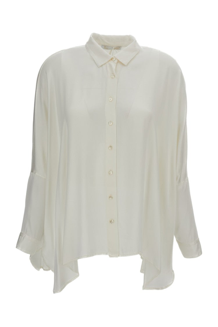 Q-Wins Flowy White Shirt With Classic Collar And Asymmetrical Hemline