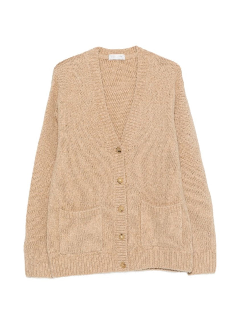 Dries Van Noten Ecru Loose Fit Deep V-Neck Knit Cardigan