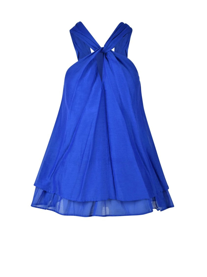 Attic And Barn Blue Crossed Straps Sheer Hem Cotton-Silk Top