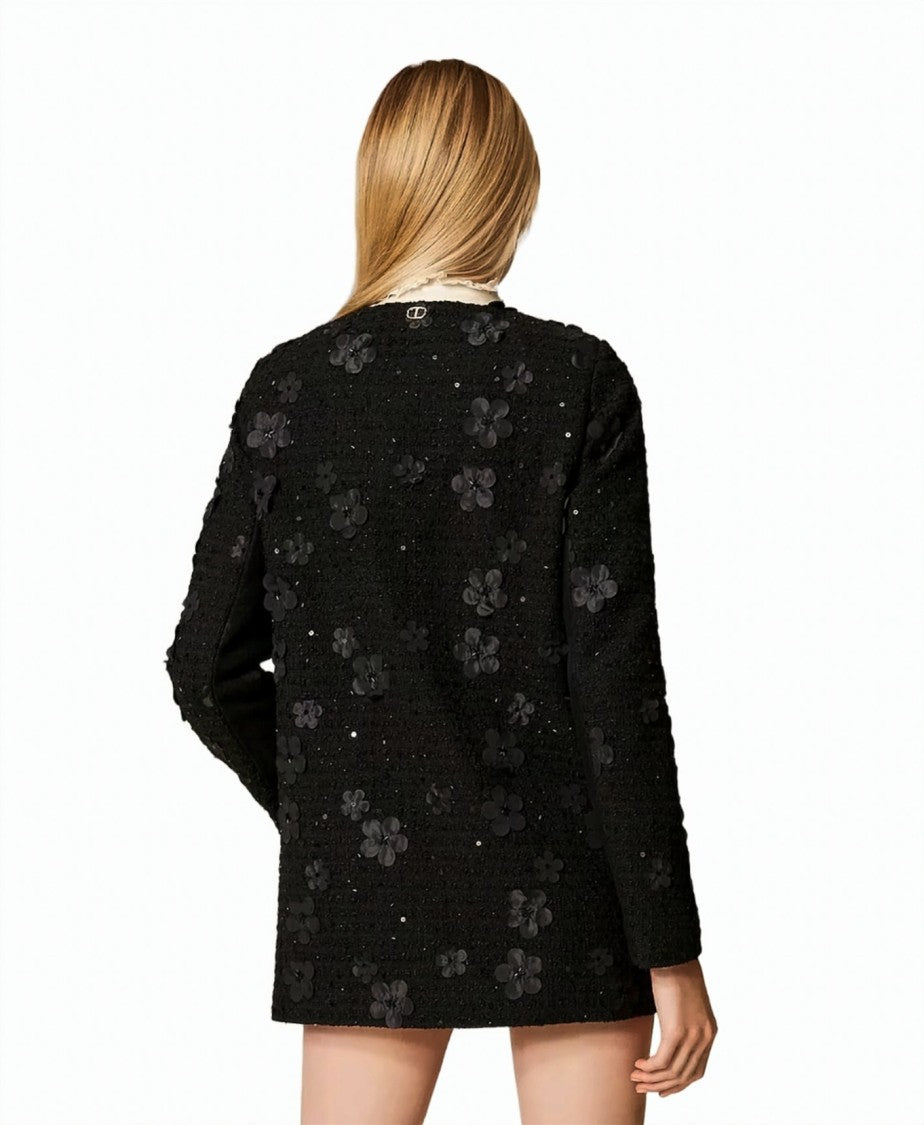 Twin-Set Bouclé Floral Appliqué Sequined Single-Breasted Coat