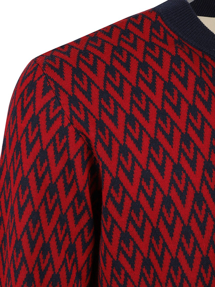 Valentino Garavani Red Geometric Pattern Crew Neck Sweater