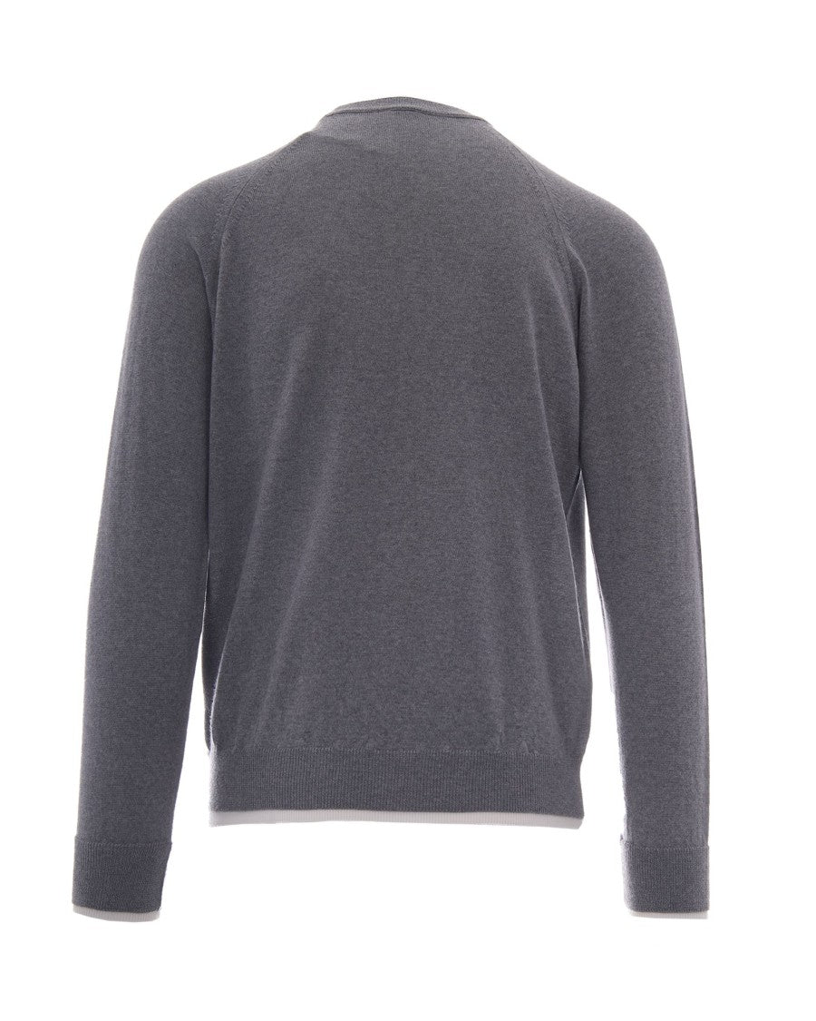 Eleventy Crew Neck Grey Wool Sweater With Contrasting Detailing