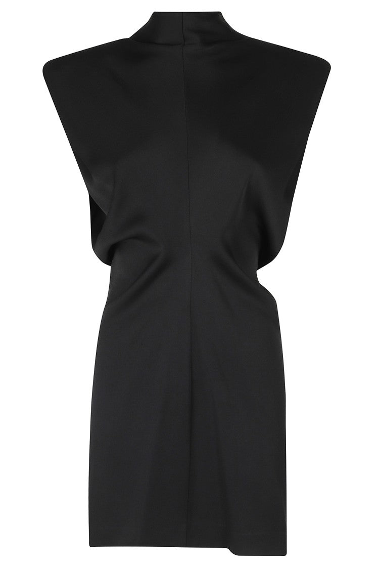 Federica Tosi Black Padded Straps Front Pleat Acetate-Blend Mini Dress