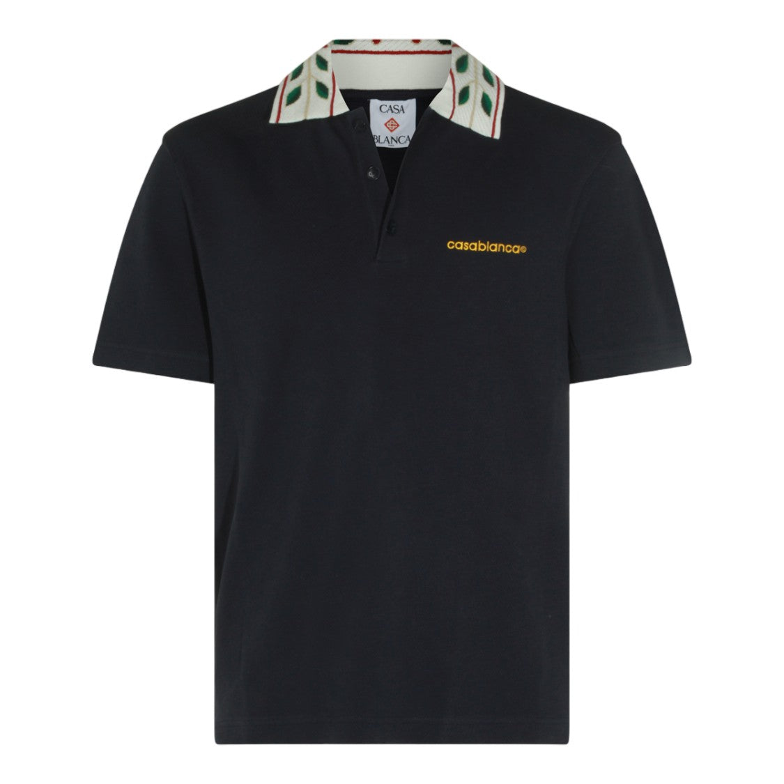 Casablanca Classic Black Polo Shirt With Leaf Pattern Collar