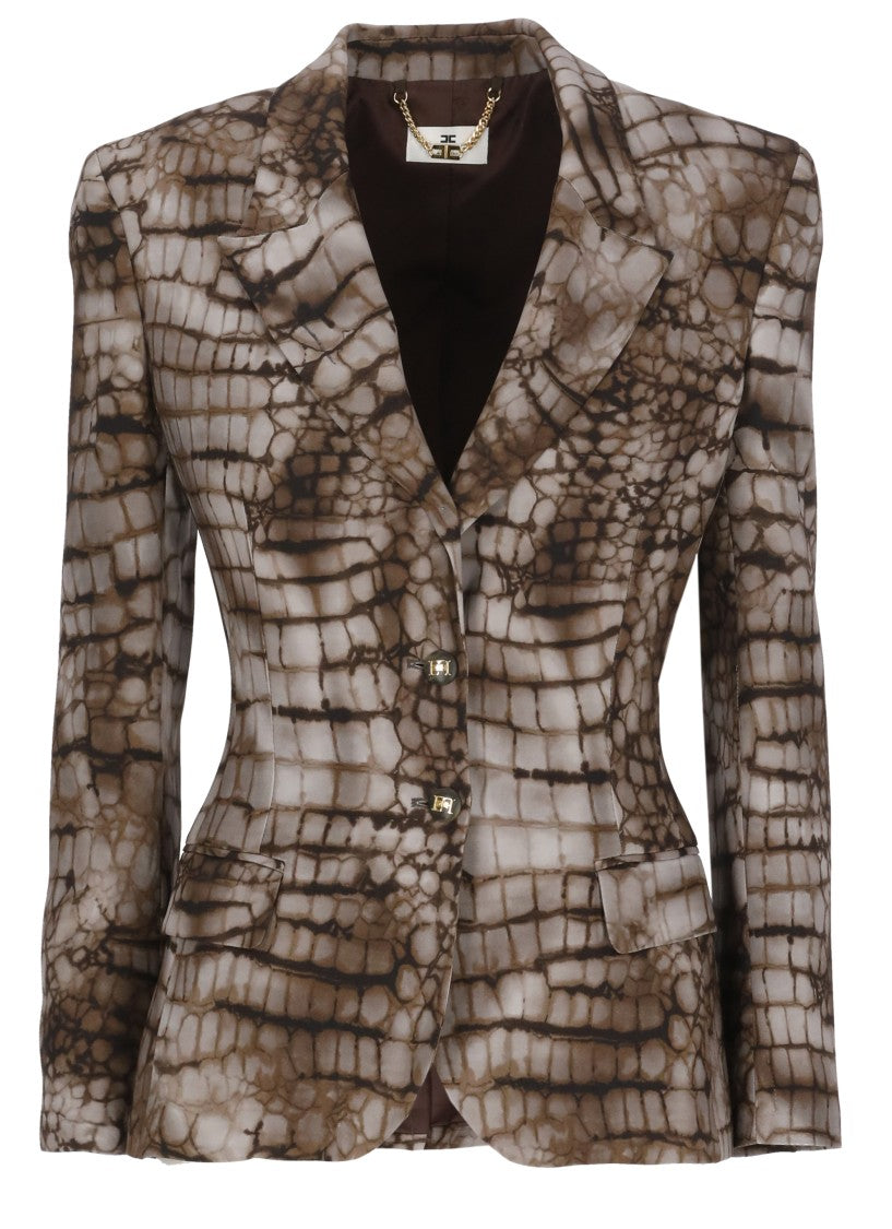 Elisabetta Franchi Brown Viscose Animalier Double-Breasted Blazer