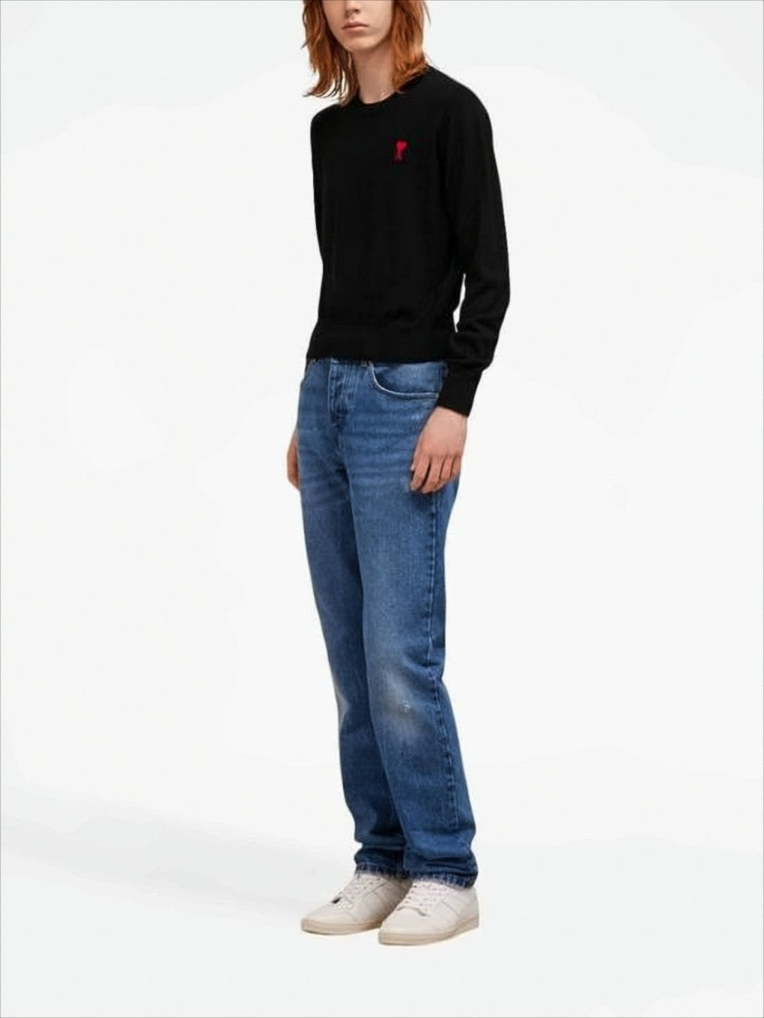 Ami Fitted Black Merino Wool Sweater With Heart Logo