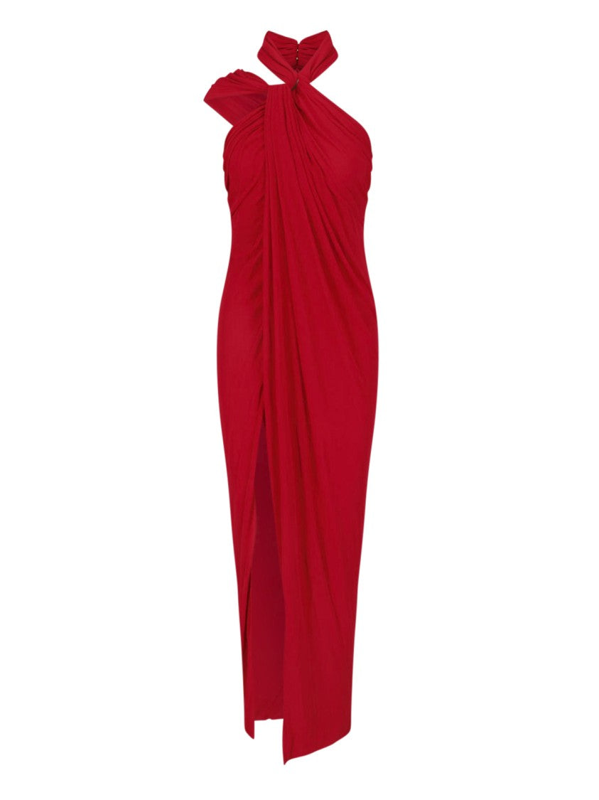 Balmain Draped Red Viscose Maxi Dress With Halter Neckline