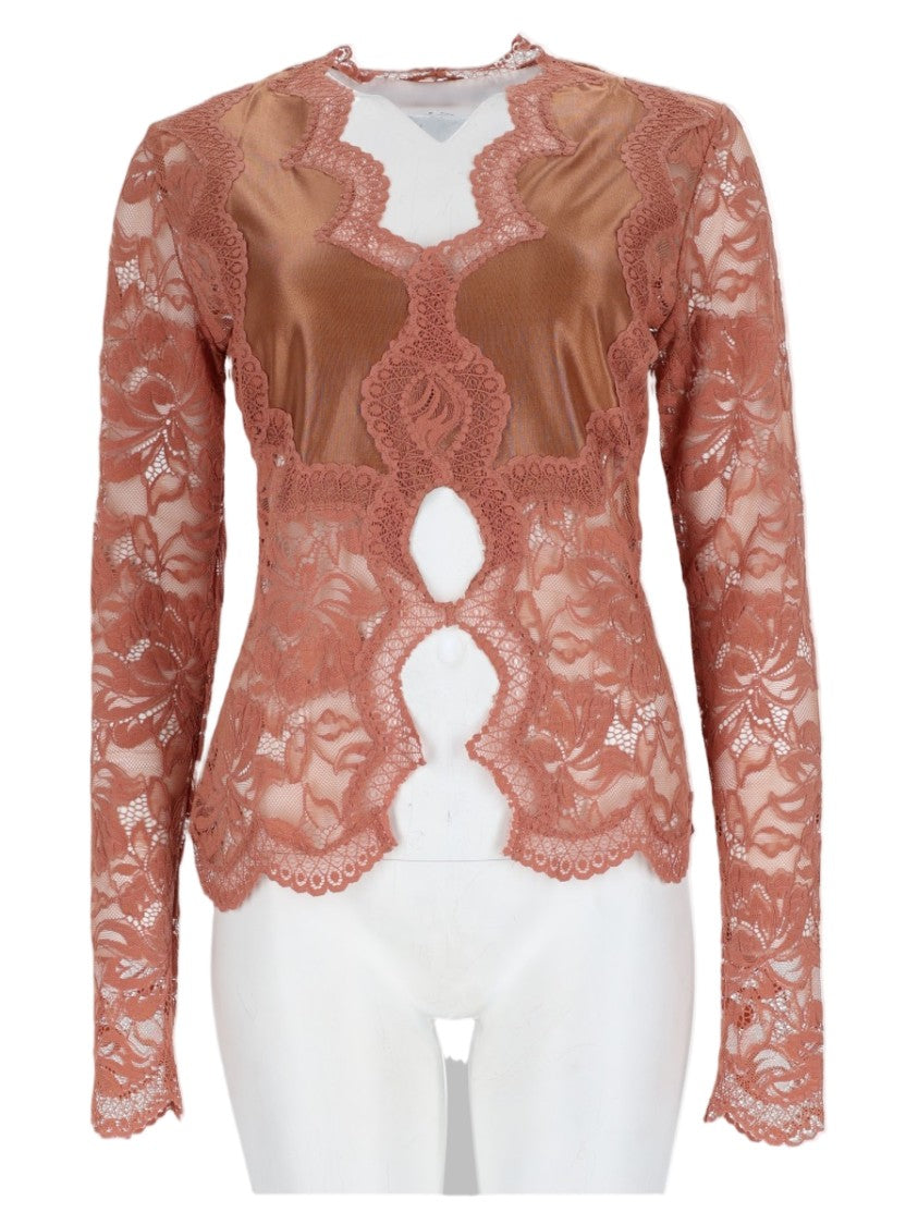 Rabanne Beige Intricate Lace Long-Sleeve Viscose Top