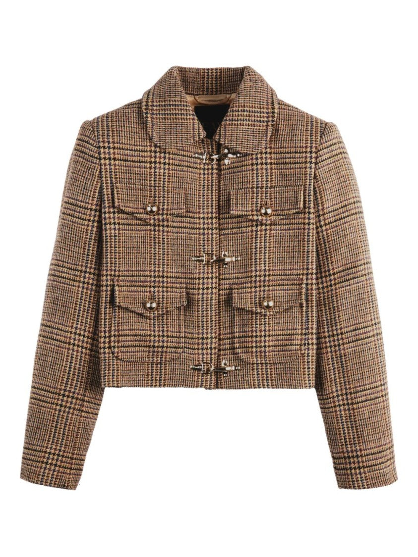 Fay Beige Cropped Jacket With Classic Checkered Pattern
