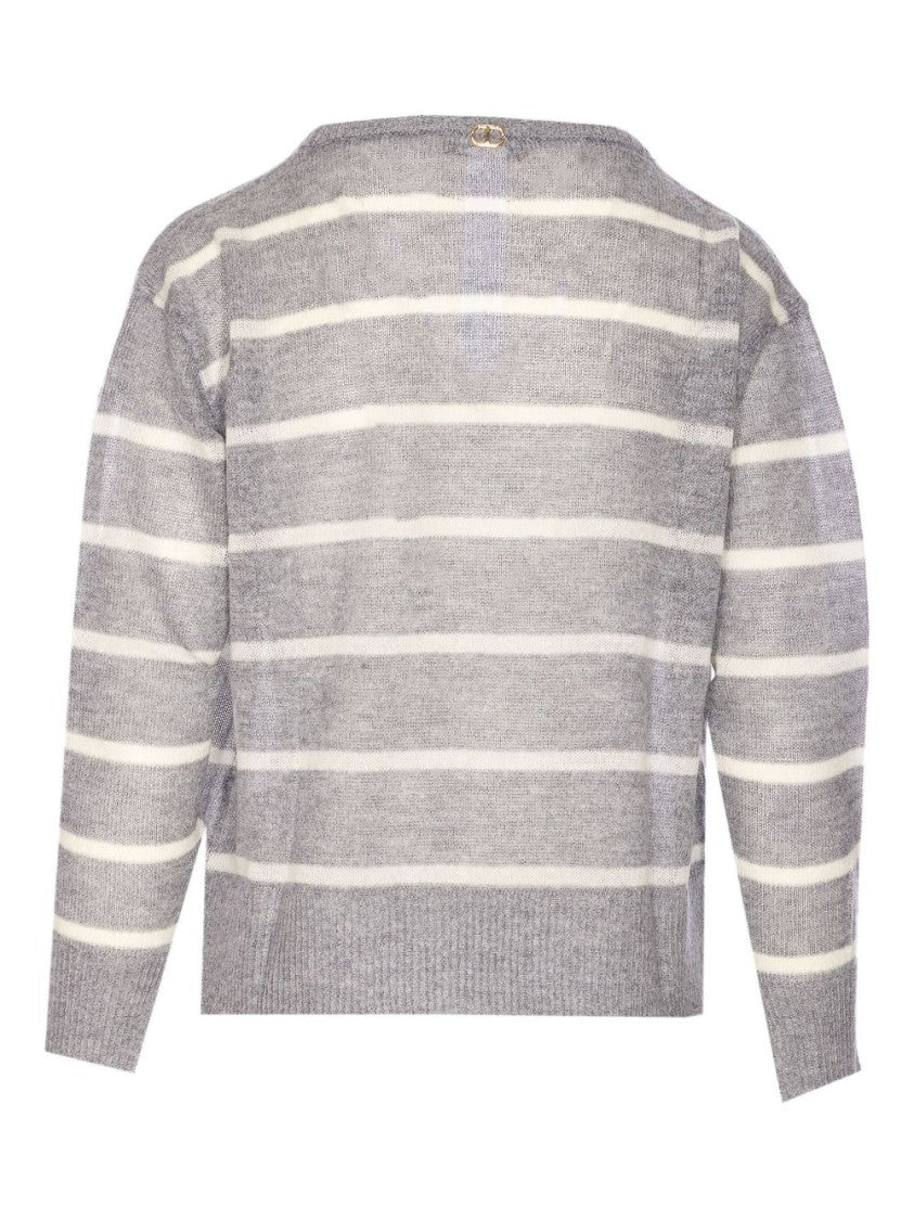 Twin-Set Grey Striped Sweater With Lace Floral Embellishment And Embroidered Detail