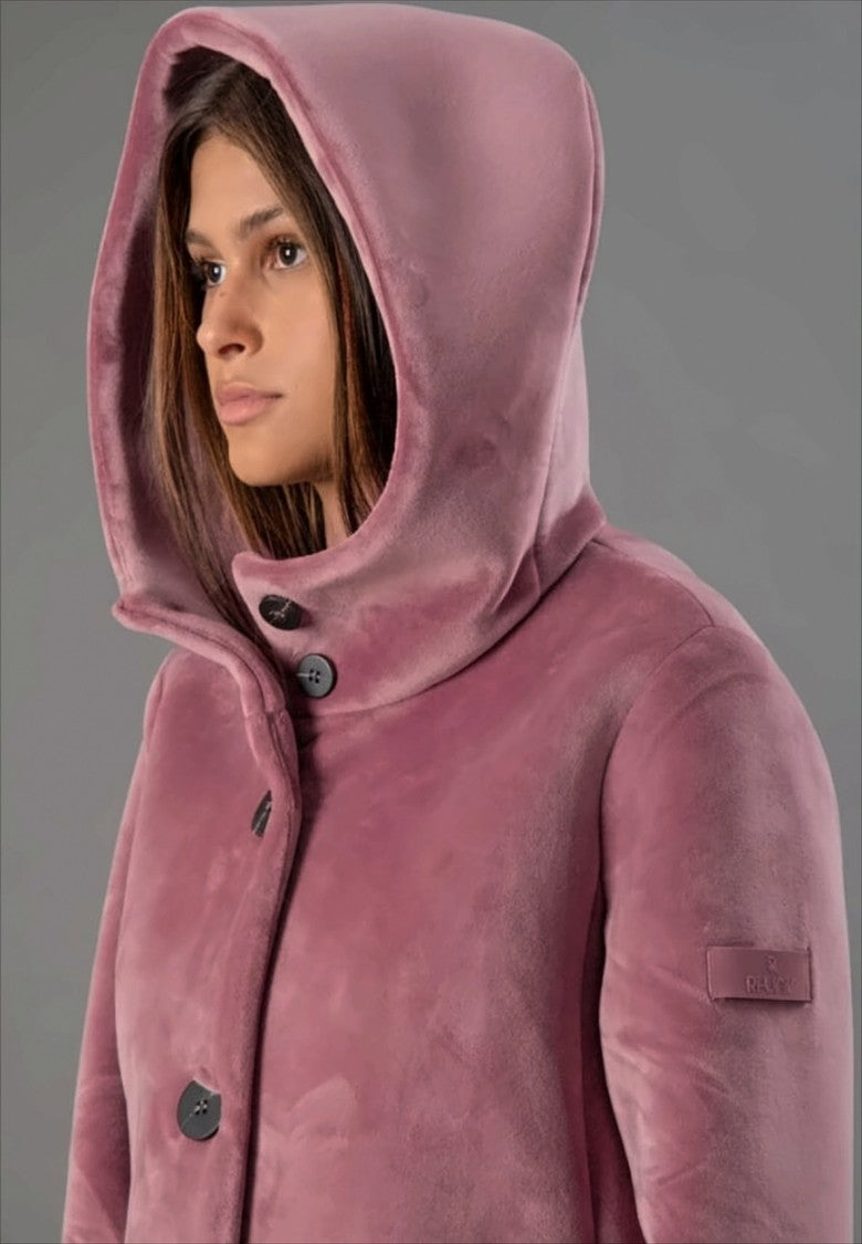 Rihunik Medium-Length Velvet Coat With Wraparound Hood