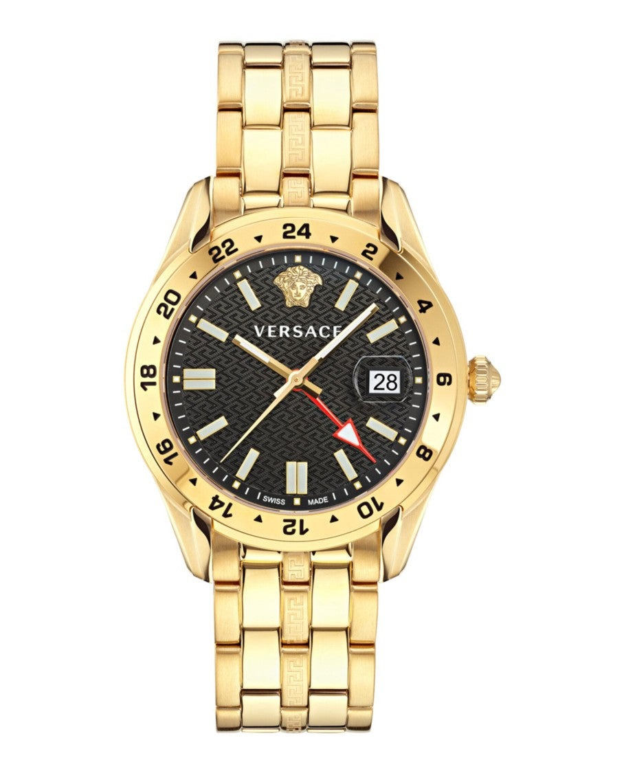 Versace Swiss Made Gmt Quartz Watch With Black Guilloche Dial