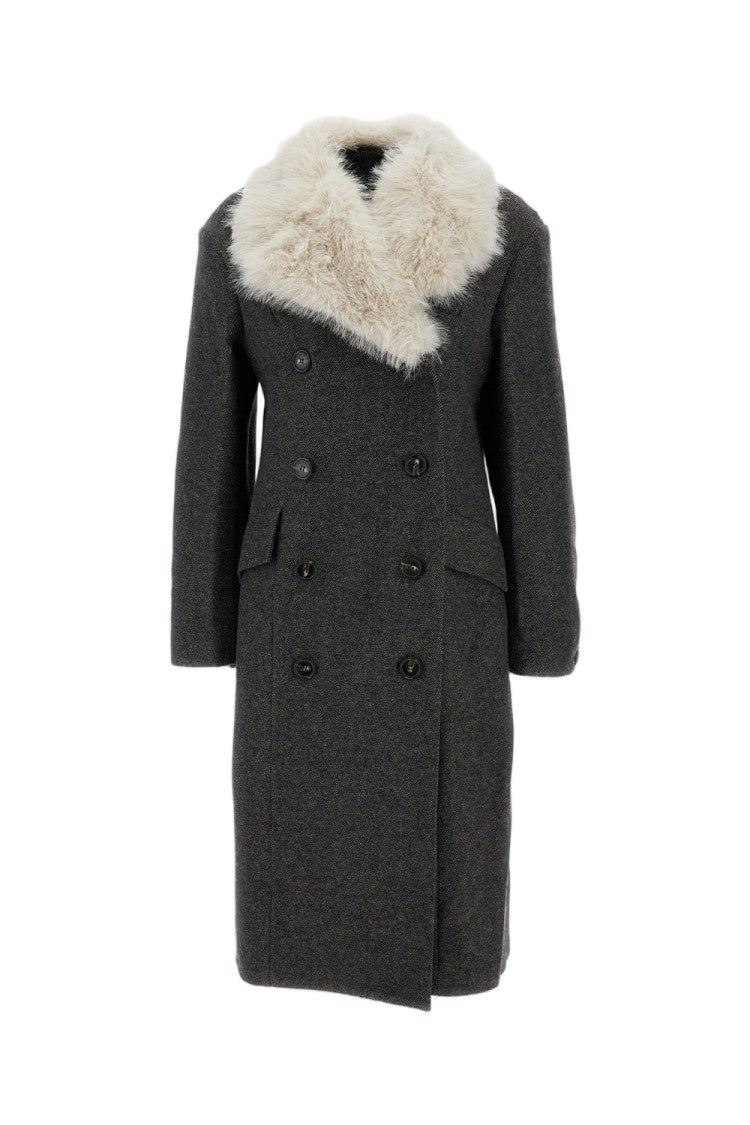 Simone Rocha Grey Cut-Out Faux-Fur Collar Double-Breasted Wool Coat