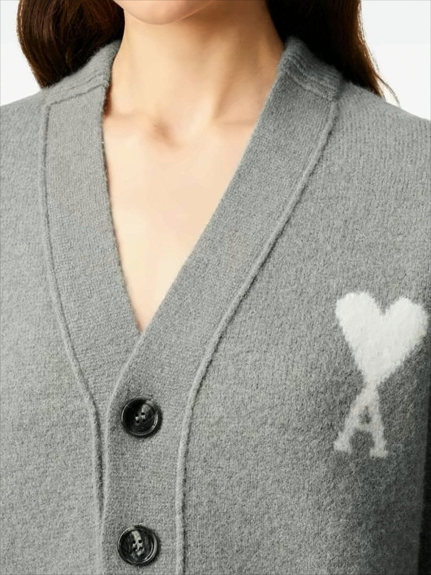 Ami Paris Textured Knit Cardigan With Heart Motif