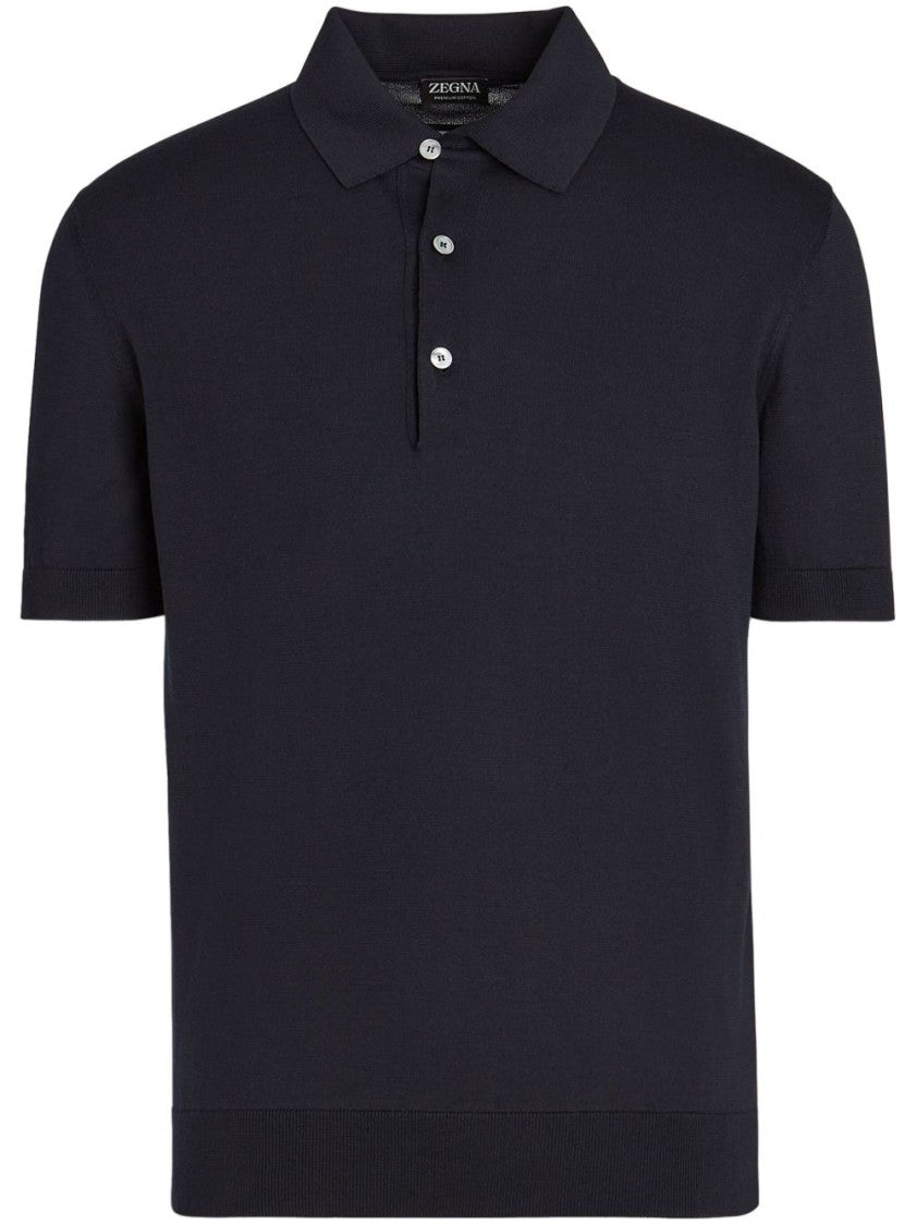 Ermenegildo Zegna Midnight Blue Cotton Polo Shirt With Ribbed Trim And Button Placket