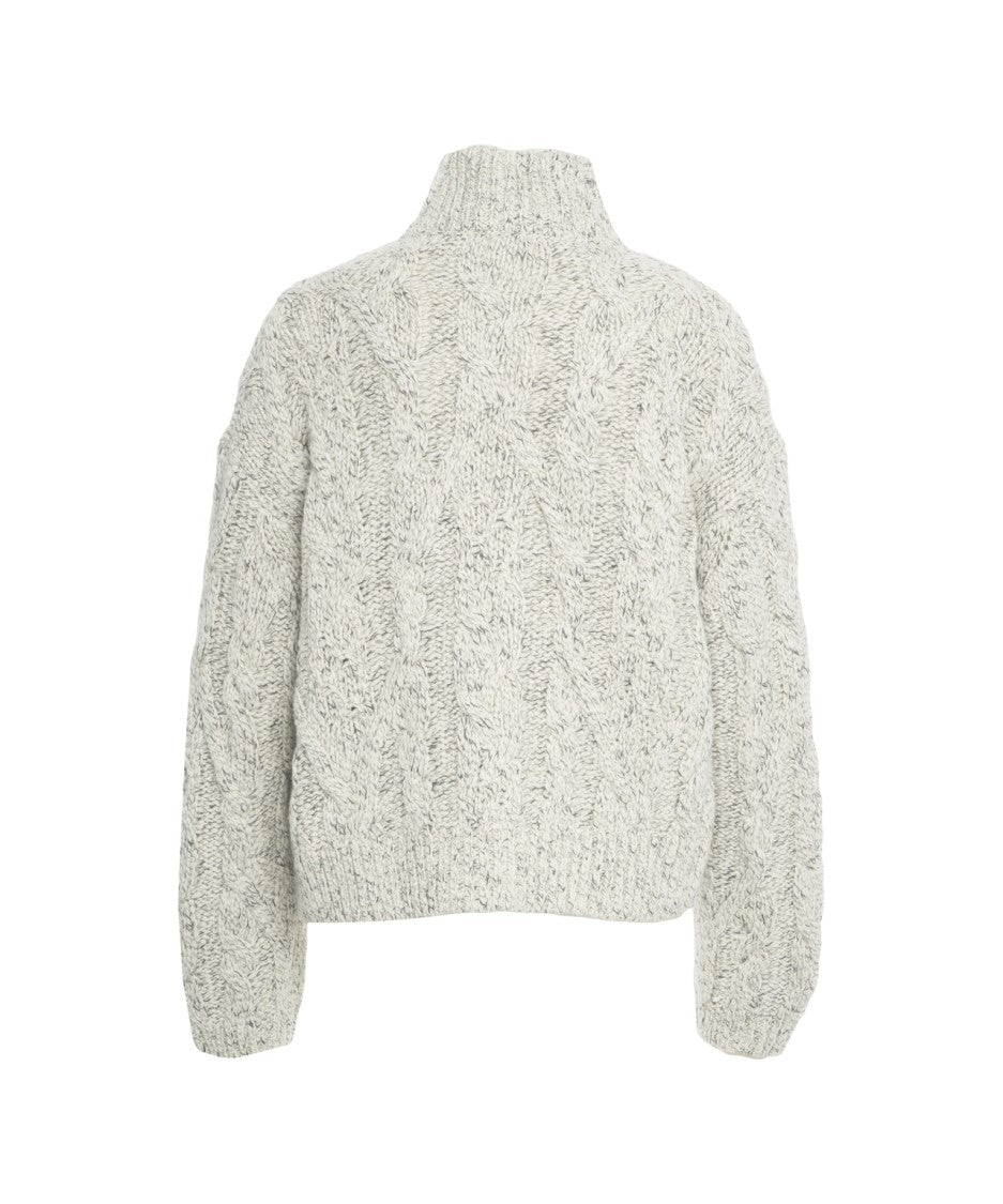 Closed Textured Cable Knit Cardigan With High Collar And Front Zipper
