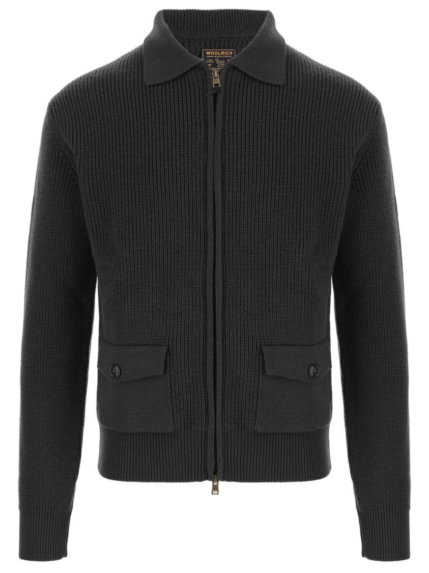 Woolrich Black Full-Zip Ribbed Knit Wool Sweater