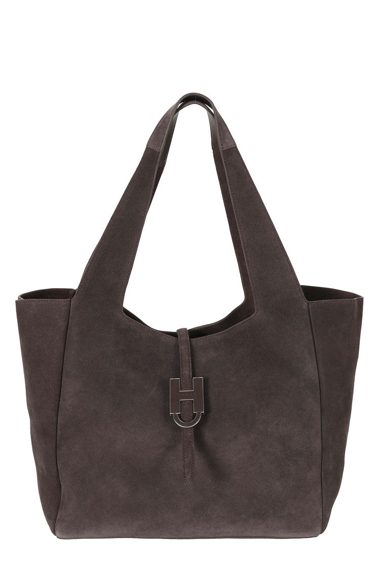 Hogan Brown Suede Bag With Double Handles And Magnetic Closure