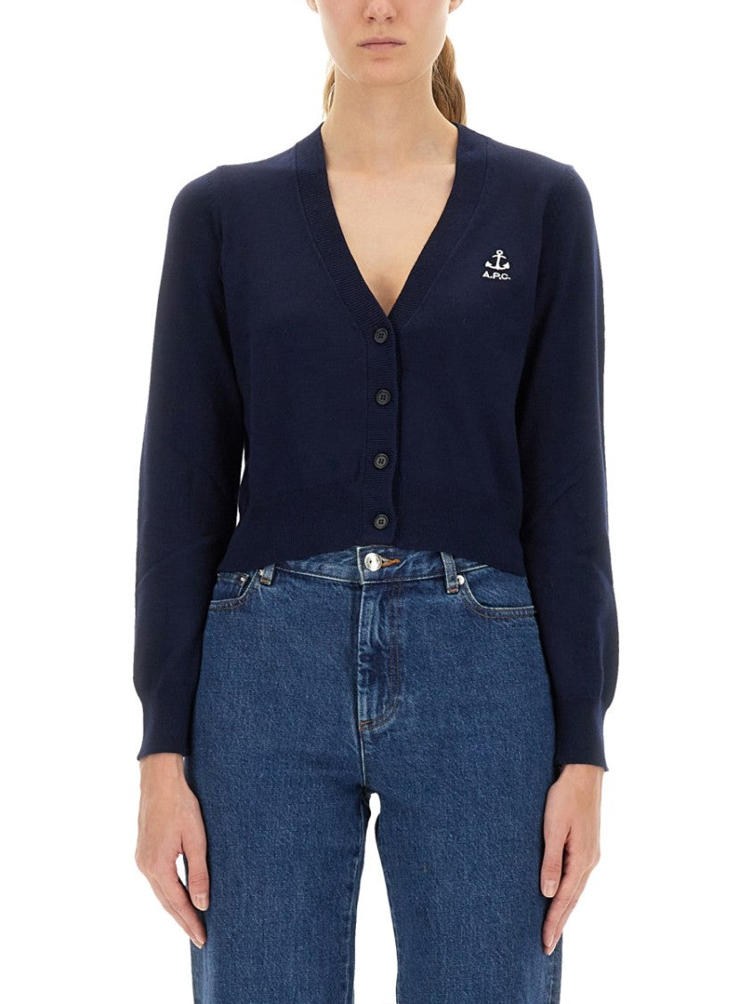 A.P.C. Cropped Black Cardigan With Embroidered Logo