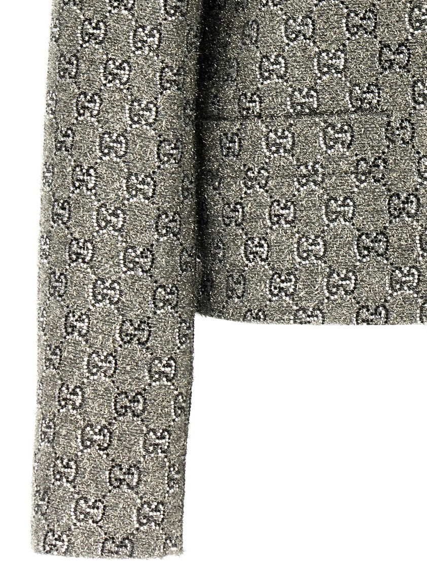 Gucci Cropped Gg Wool Tweed Jacket With Crystal Embellishments