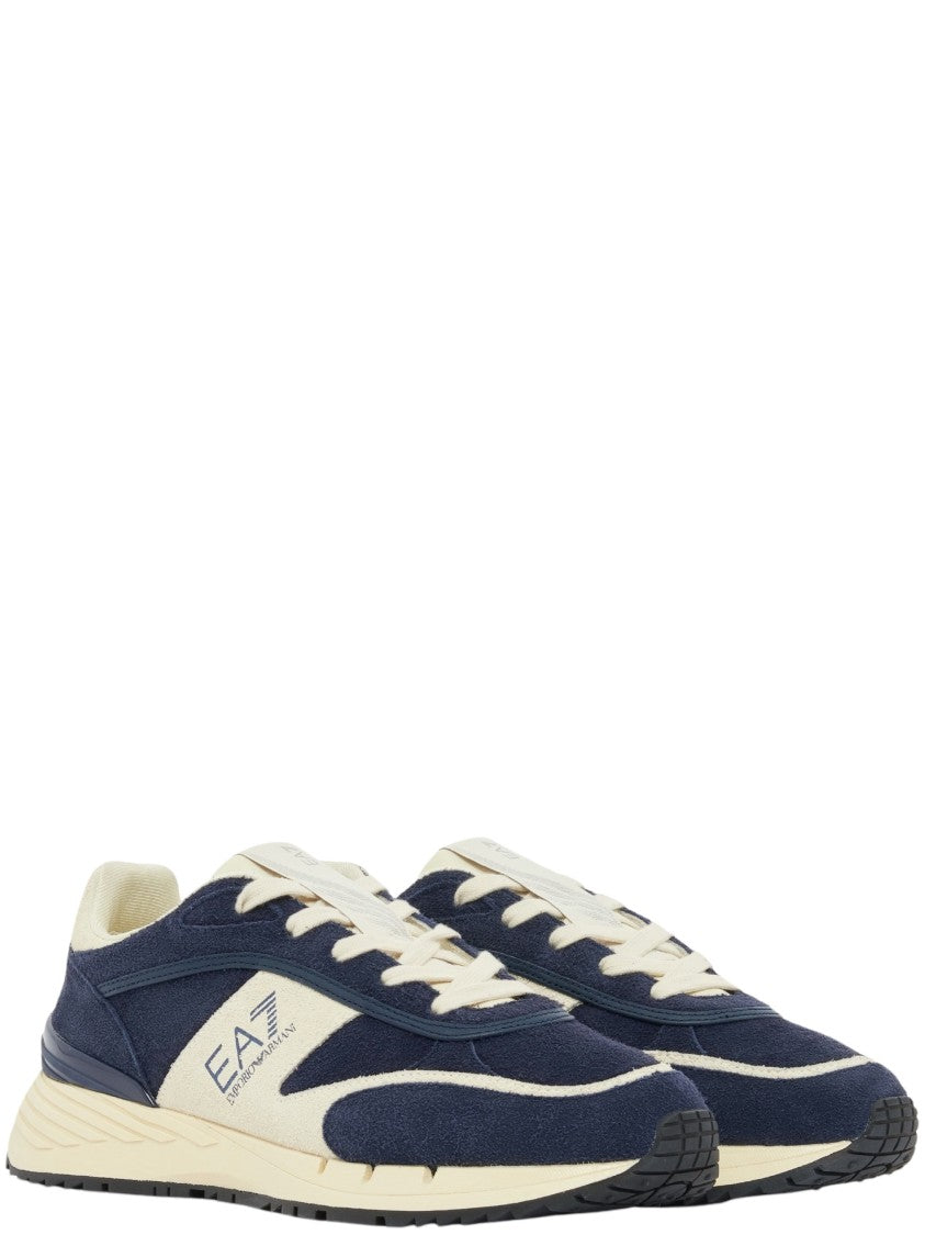 Ea7 Emporio Armani Dark Navy Leather Suede Overlay Low-Top Sneakers