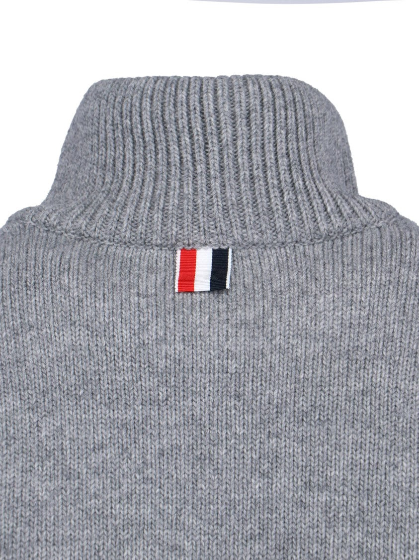 Thom Browne Grey Wool Zip Sweater 4-Bar Detail