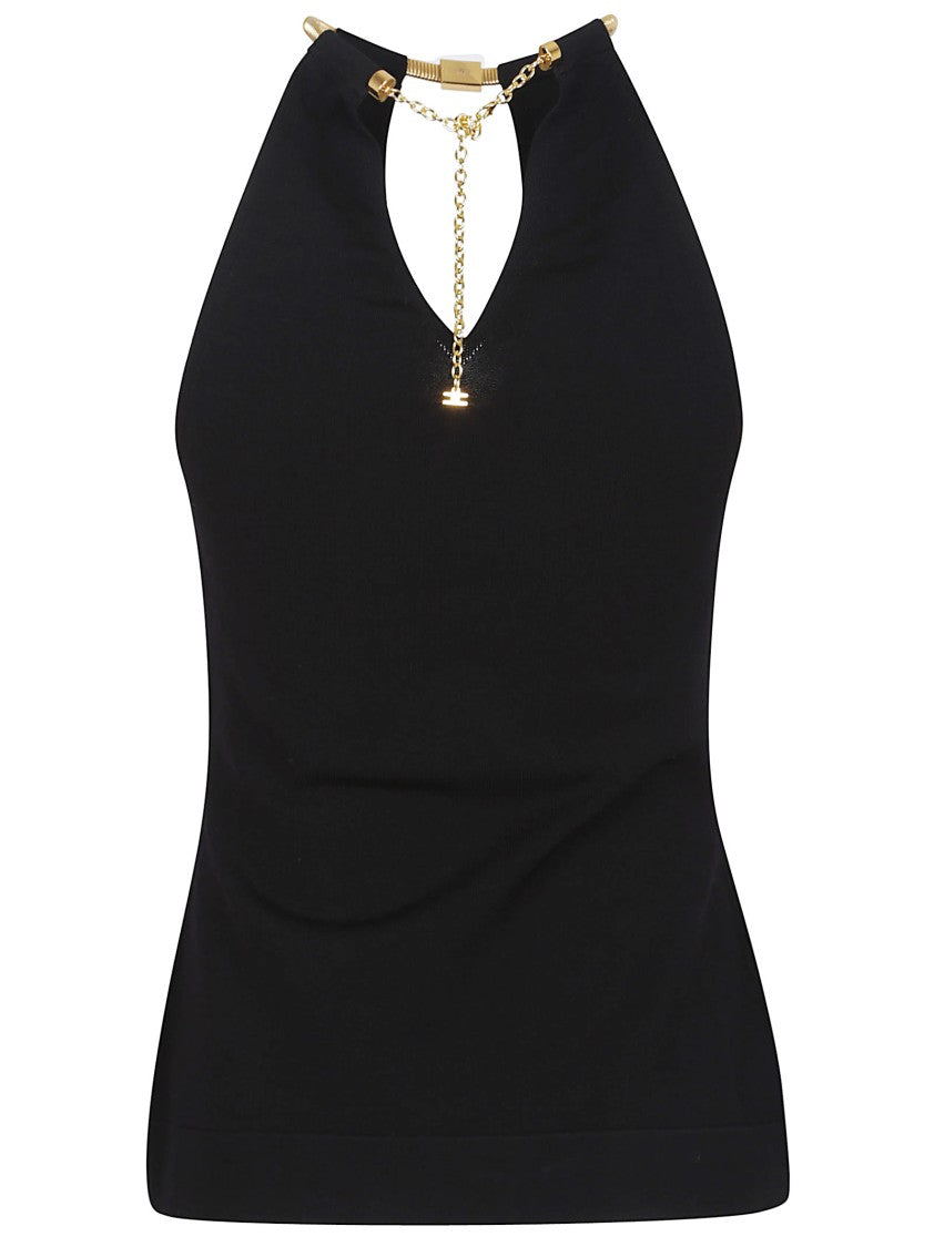Elisabetta Franchi Deep Halterneck Knit Top With Removable Snakeskin Necklace