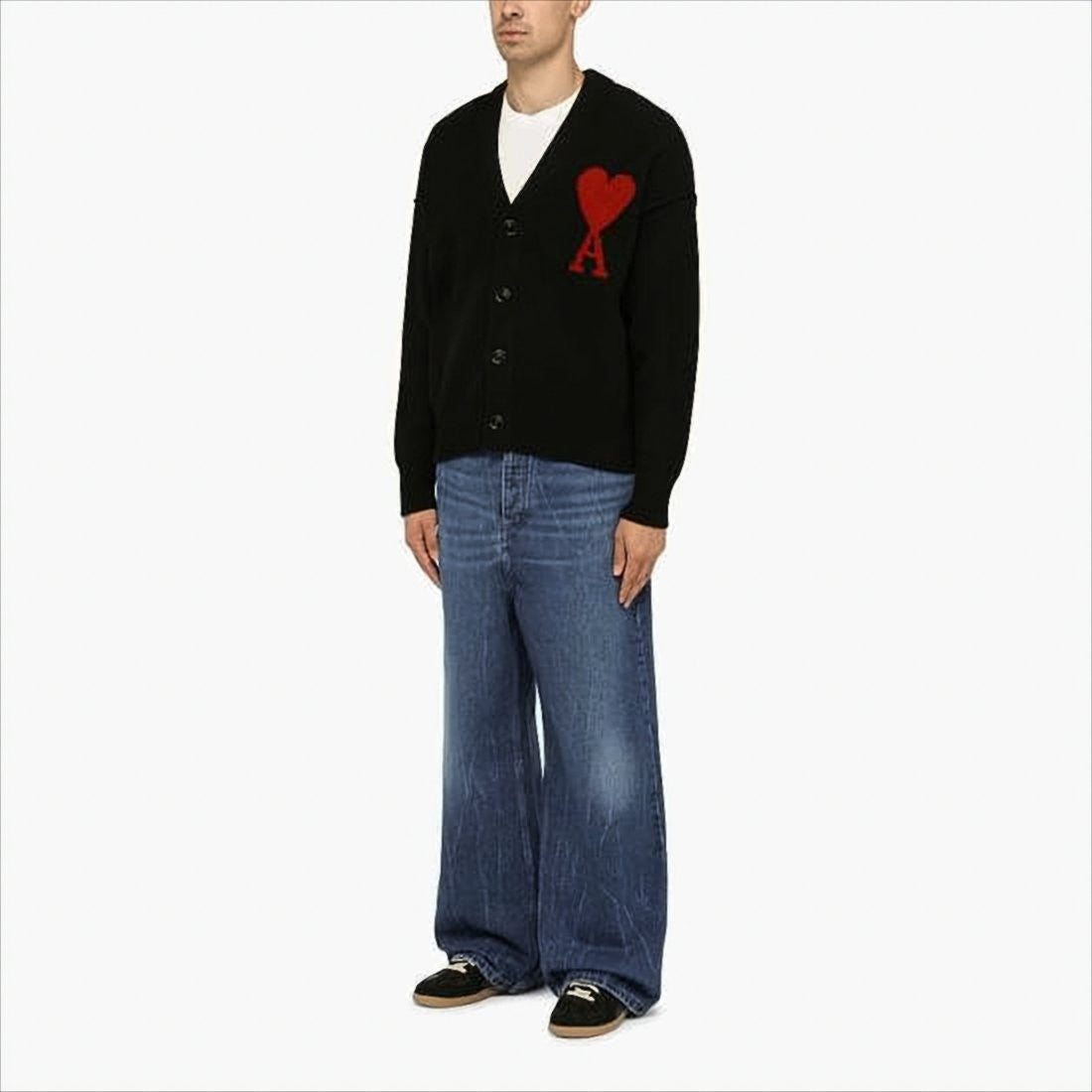 Ami Paris Wool Cardigan With Deep V-Neckline And Heart Motif