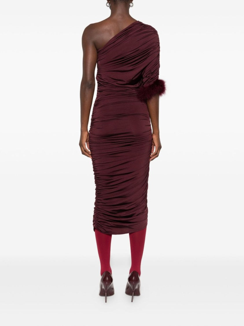 Mugler Burgundy One Shoulder Feather Trim Dress