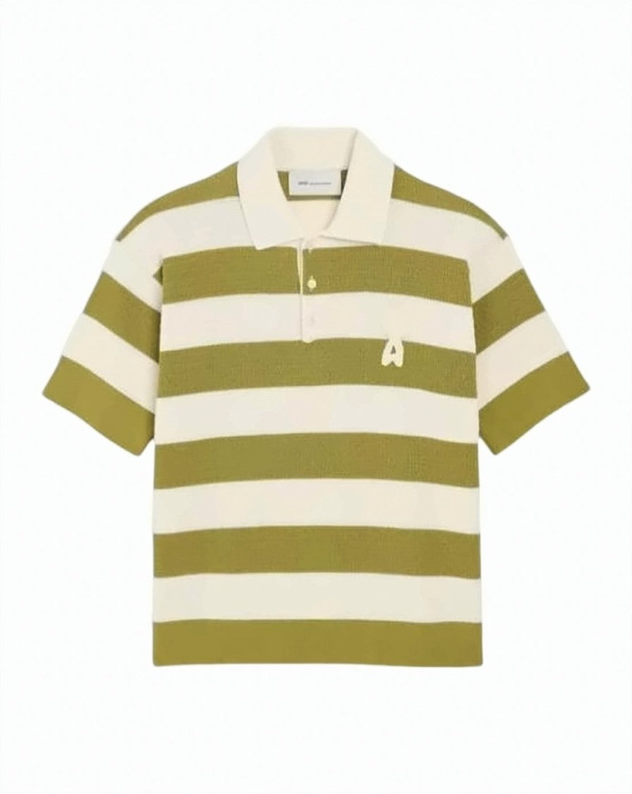 Ami Paris Olive Green Striped Polo Shirt With Embroidered Heart Logo