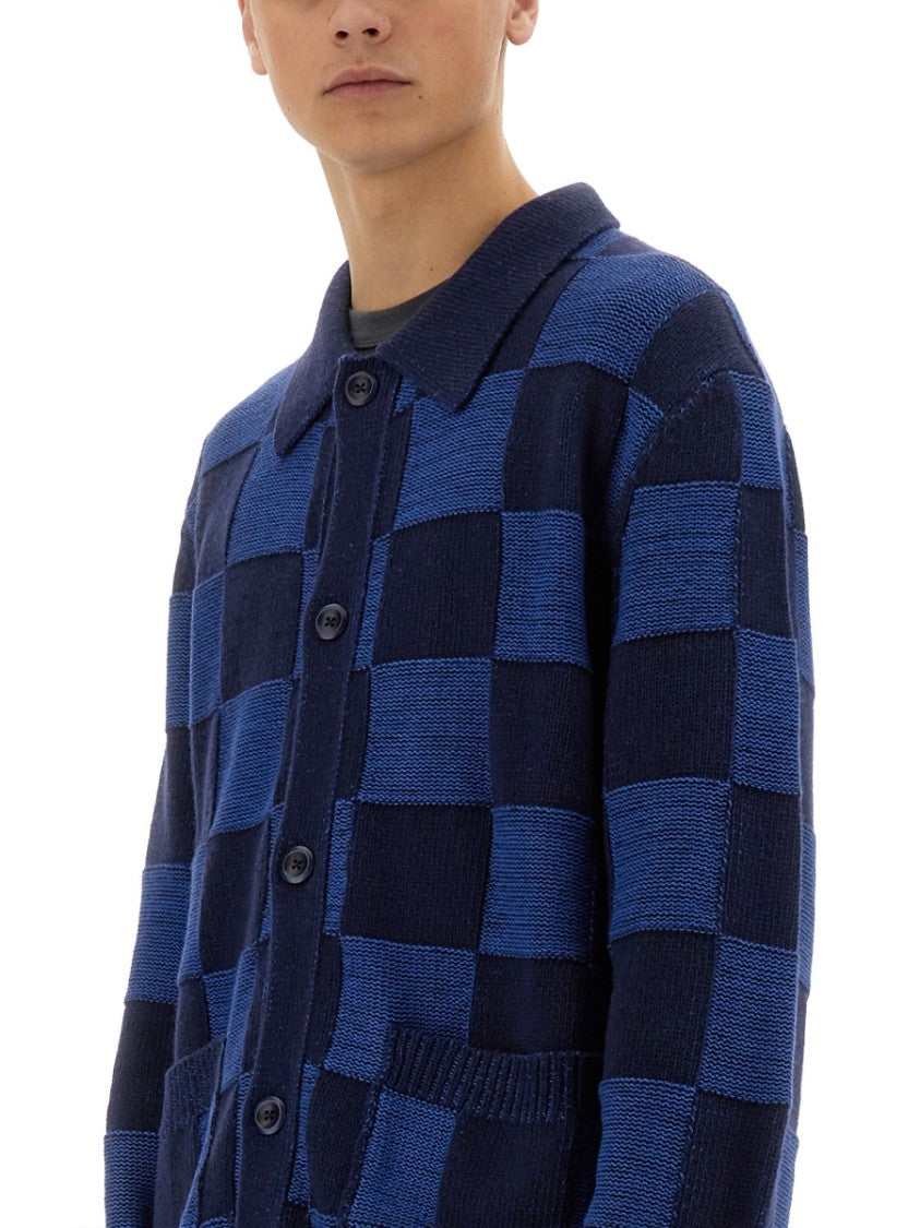 Ymc Blue "Baker" Bold Checkerboard Cardigan
