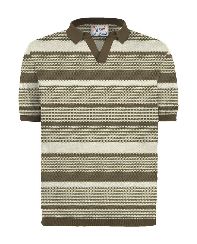 Mc2 Saint Barth Textured Striped Polo Shirt With V-Neck