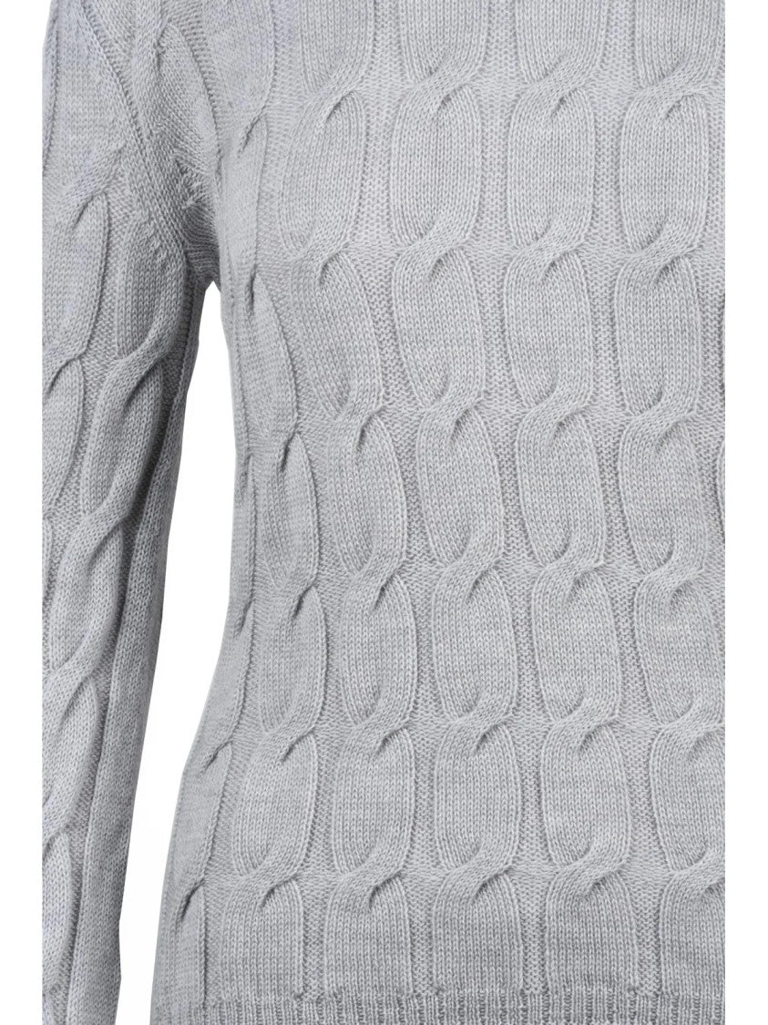 Mm By Max Mara Cable Knit Crewneck Sweater In Light Grey Wool