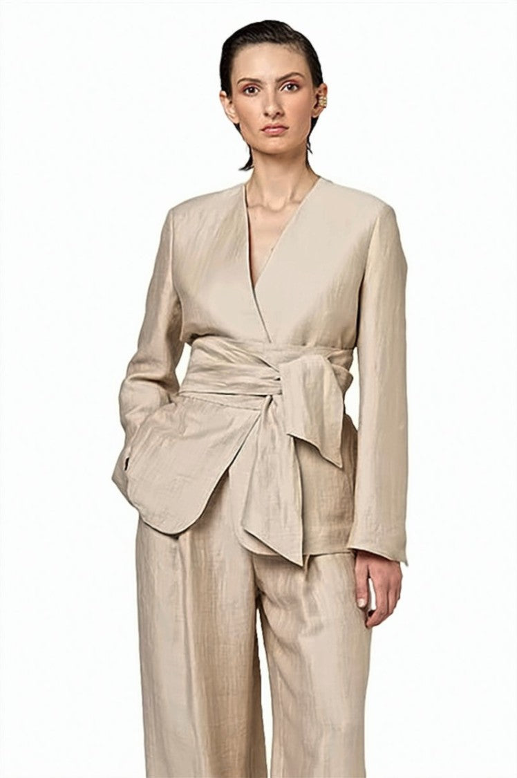 Alpha Studio Linen V-Neck Belted Single-Breasted Blazer