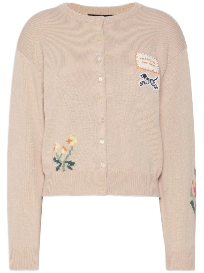 Weekend Beige Knit Cardigan With Floral Embroidery And Playful Dog Patch