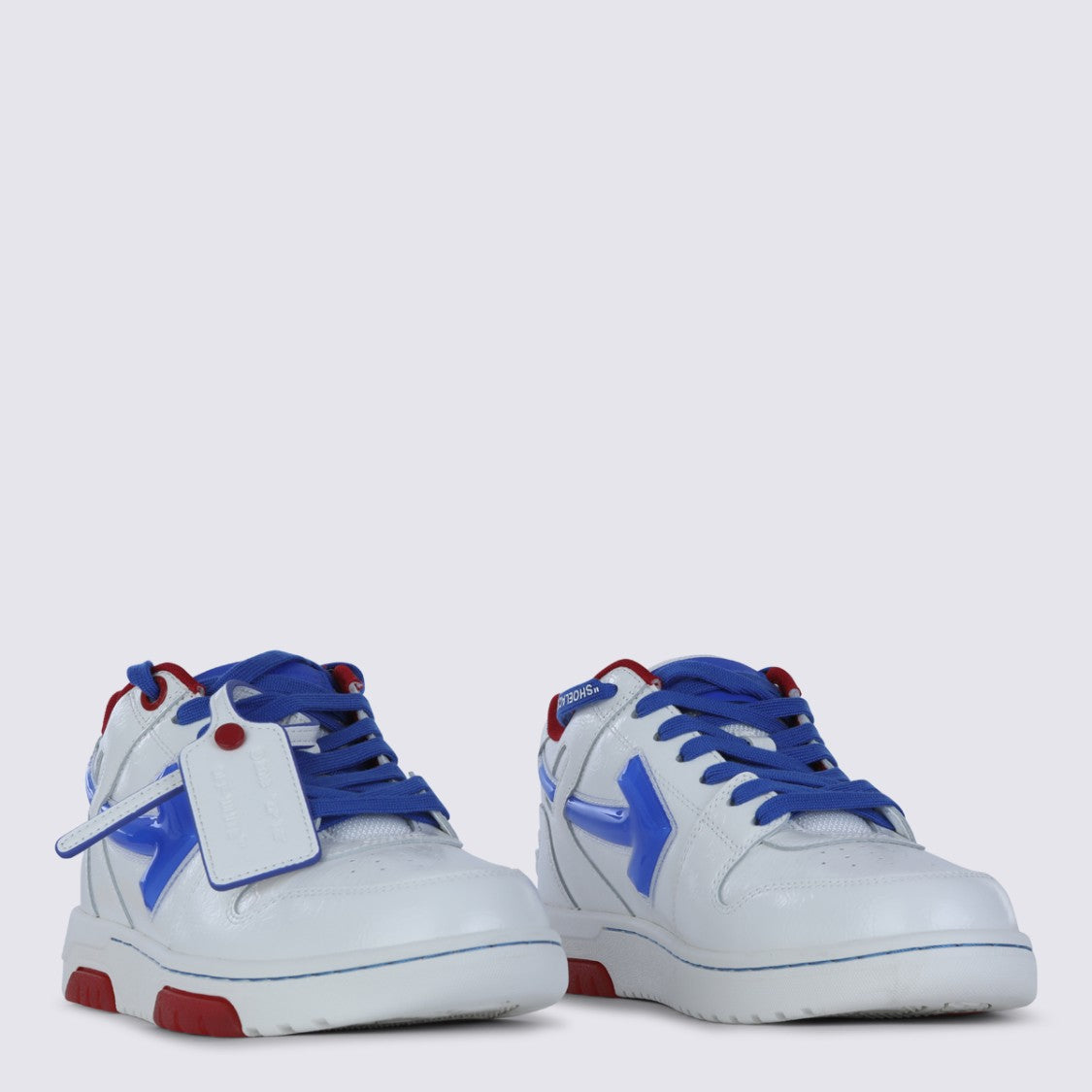 Off-White Low-Top Leather Sneakers With Bold Blue Arrow Motifs