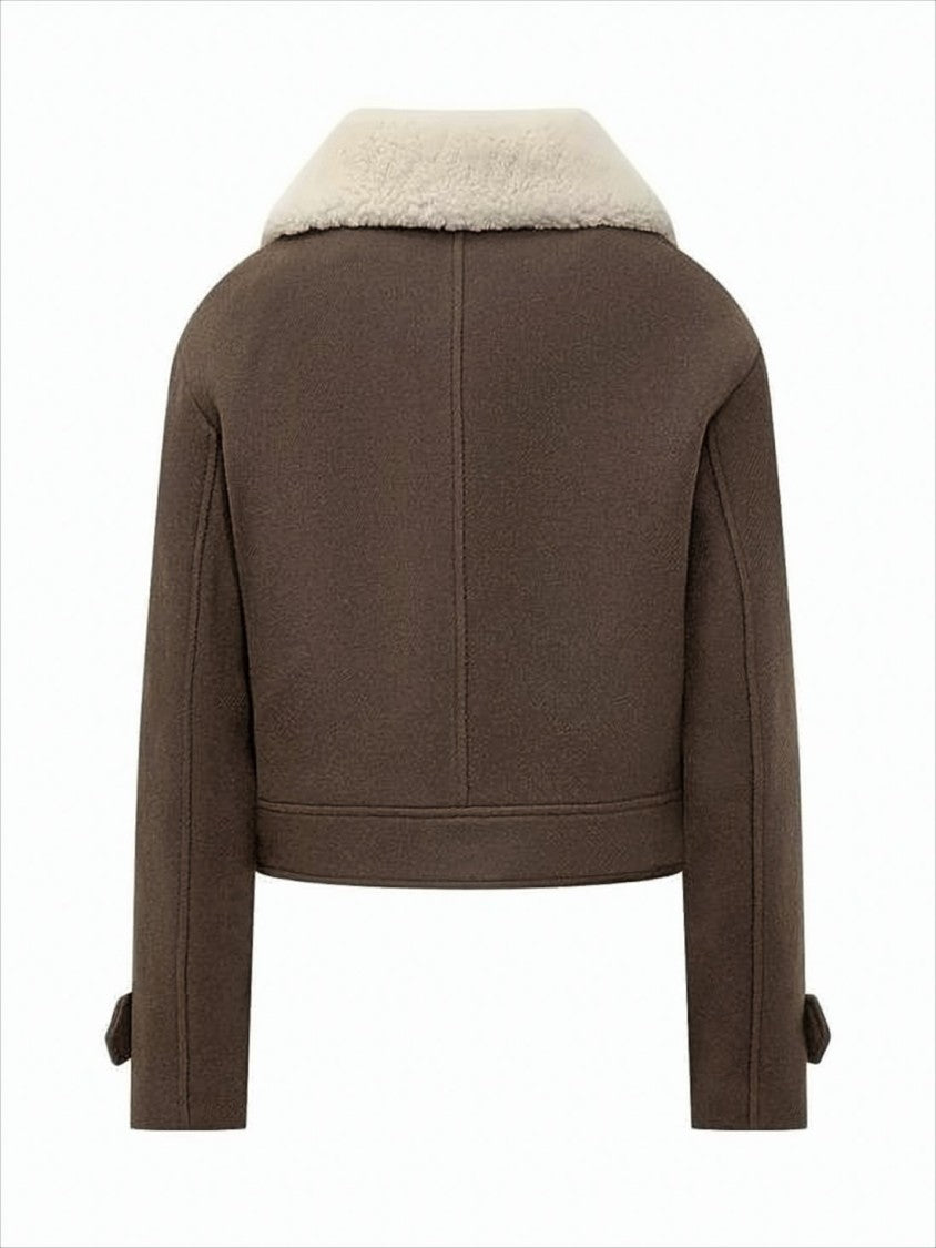 Ami Cropped Wool Jacket With Plush Shearling Collar