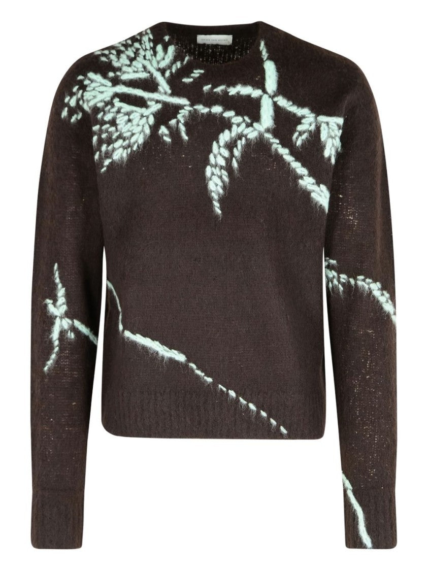 Dries Van Noten Brown Alpaca Blend Embroidered Crew Neck Sweater