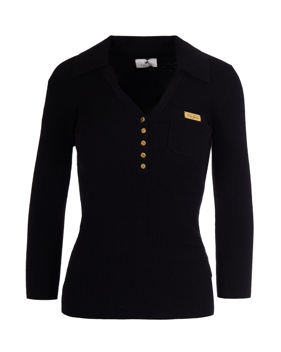 Elisabetta Franchi Black Ribbed Sweater With Pocket