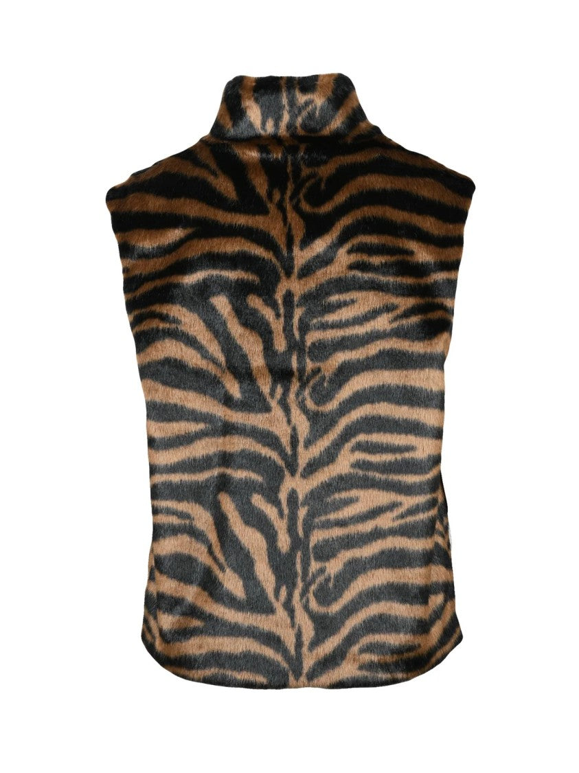 Mc2 Saint Barth Tiger Stripe Pattern Faux Fur Vest With High Collar