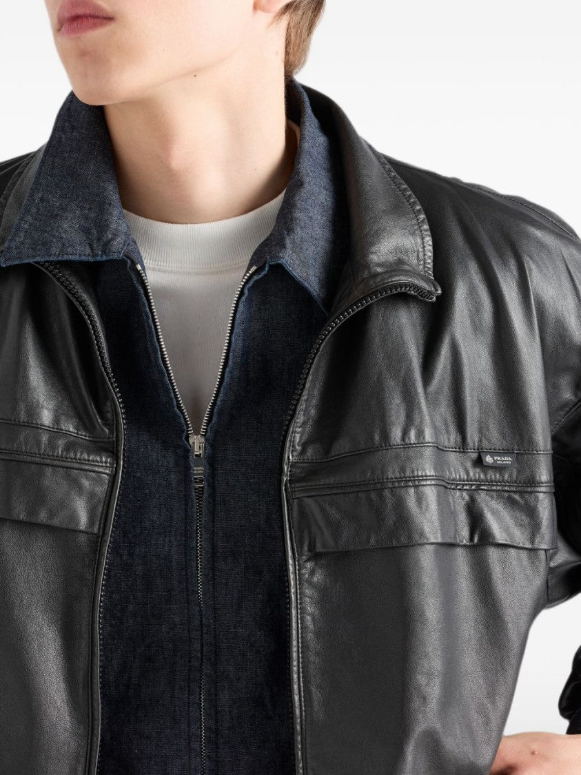 Prada Casual Classic Collar Zip-Up Logo Patch Shirt
