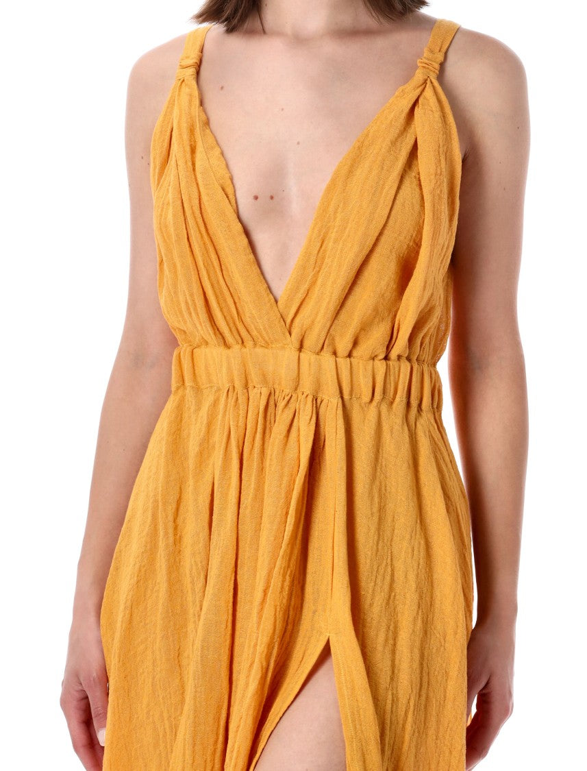 120% Lino Long Dress With Deep V-Neckline