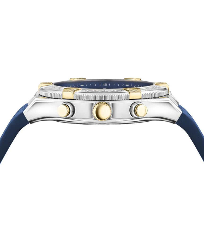 Versace Sporty Greca Chrono 46Mm Chronograph With Blue Dial And Calf Leather Strap