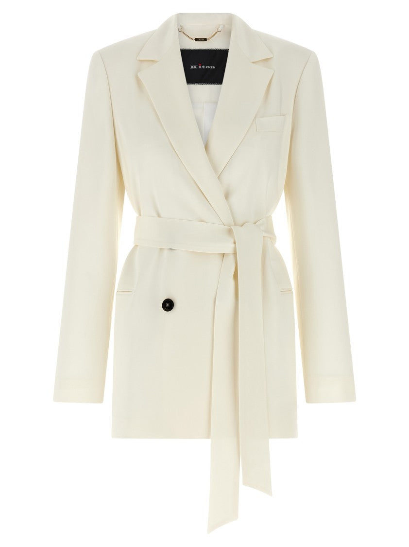 Kiton Double-Breasted Silk Blazer With Structured Shoulders And Knotted Belt