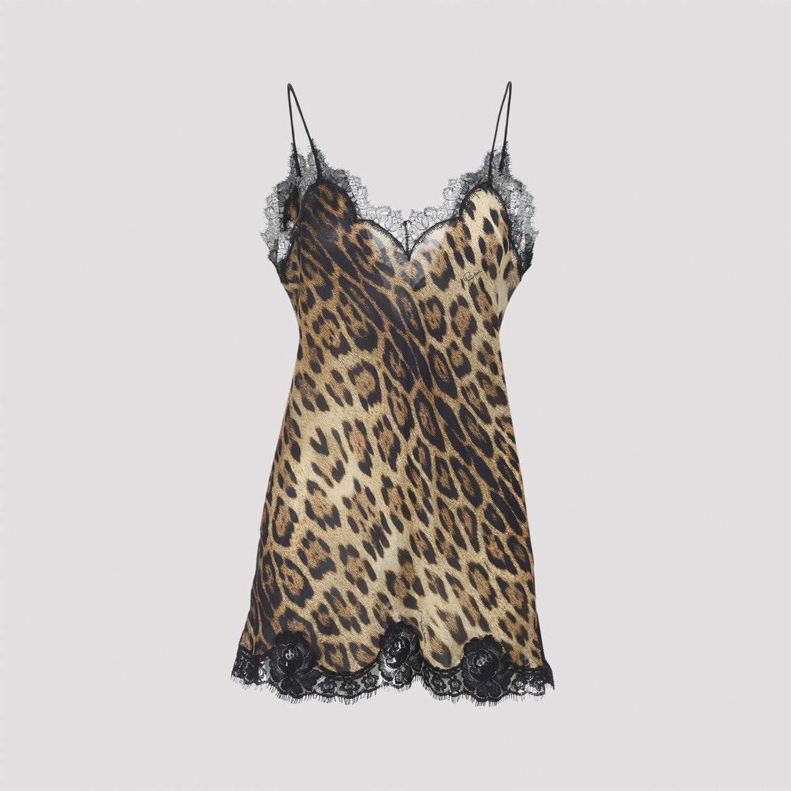 Roberto Cavalli Animalier Silk Mini Dress With Scalloped Lace Trim