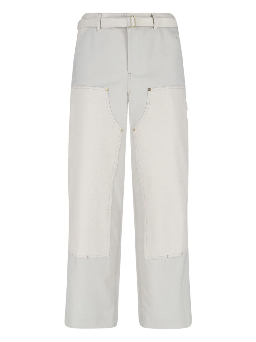 Sacai Double Knee White Pants With Mid-Rise Waist And Reinforced Patches