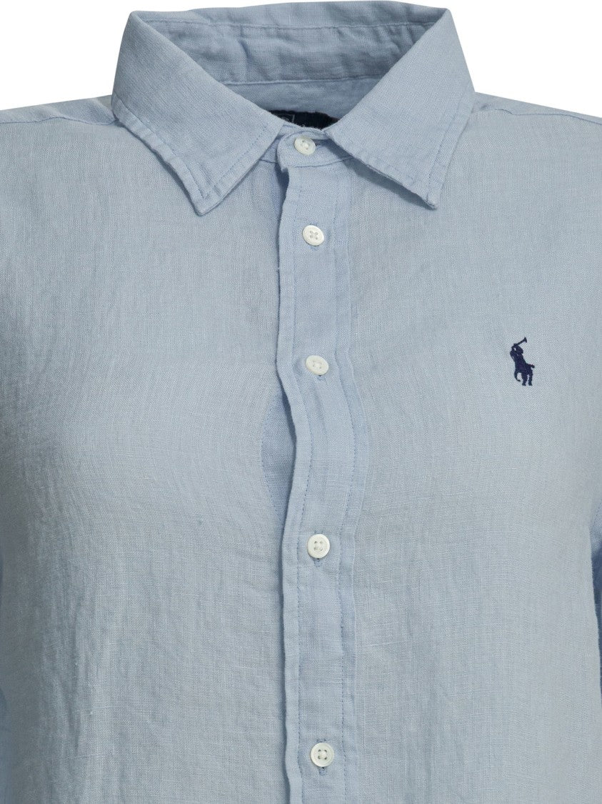 Polo Ralph Lauren Light Blue Linen Shirt With Classic Collar And Embroidered Logo