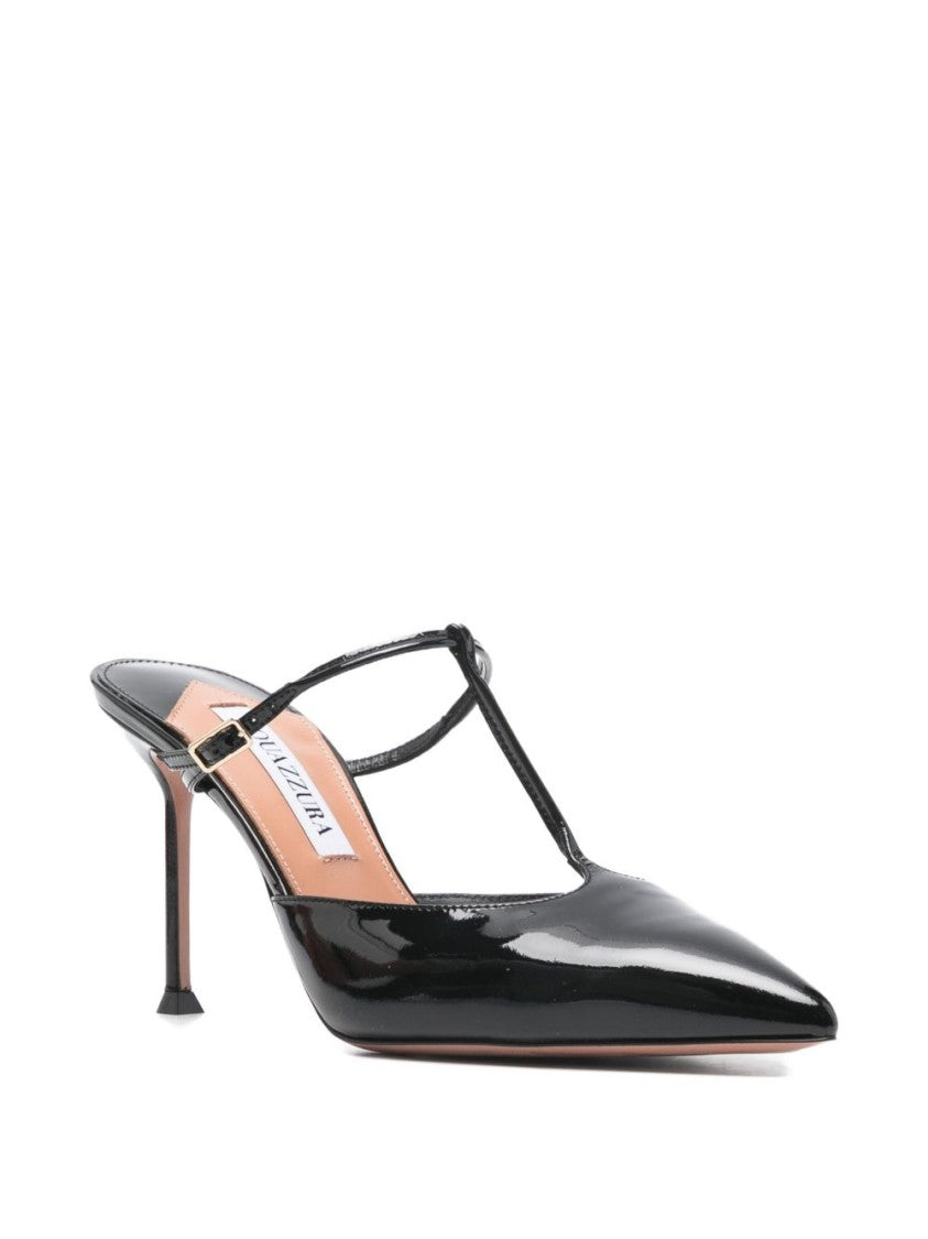 Aquazzura Black T-Strap Pointed Toe Buckle Sandals
