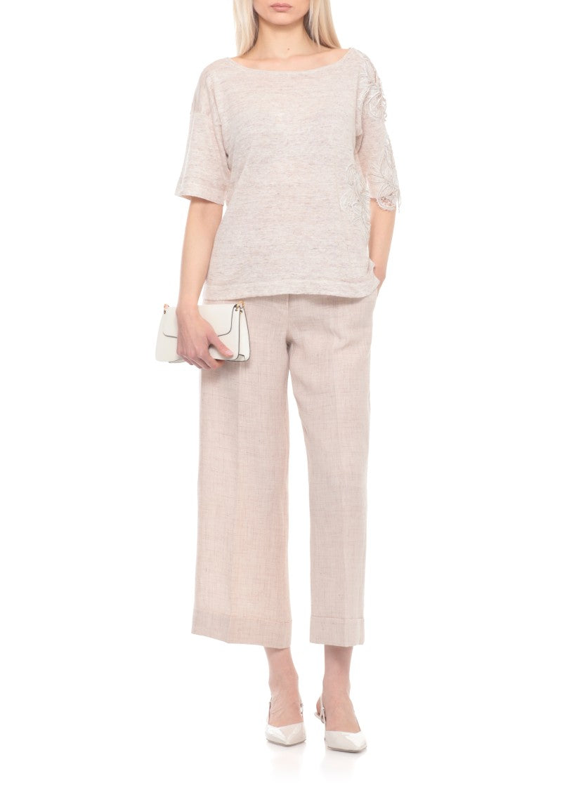 D. Exterior Beige Lace Linen-Blend Round-Neck Top