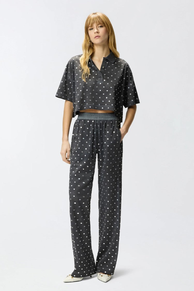 Pinko Black Polyester Sequin-Dot Cropped Polo